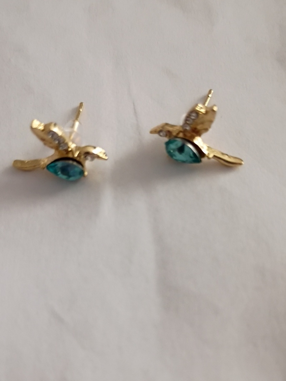 Gold-Tone Bird Stud Earrings with Teal Crystal Accent